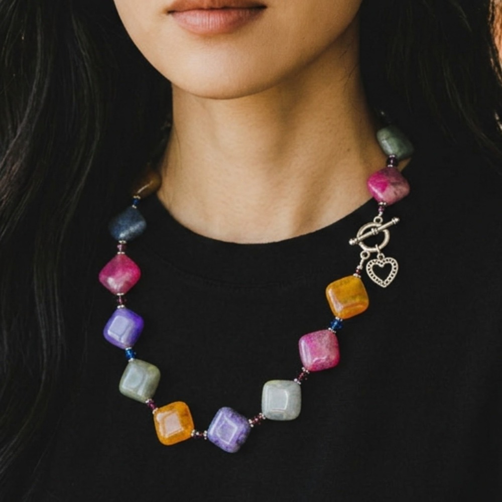 Rainbow Dyed Crackle Agate Gemstone Necklace 24"